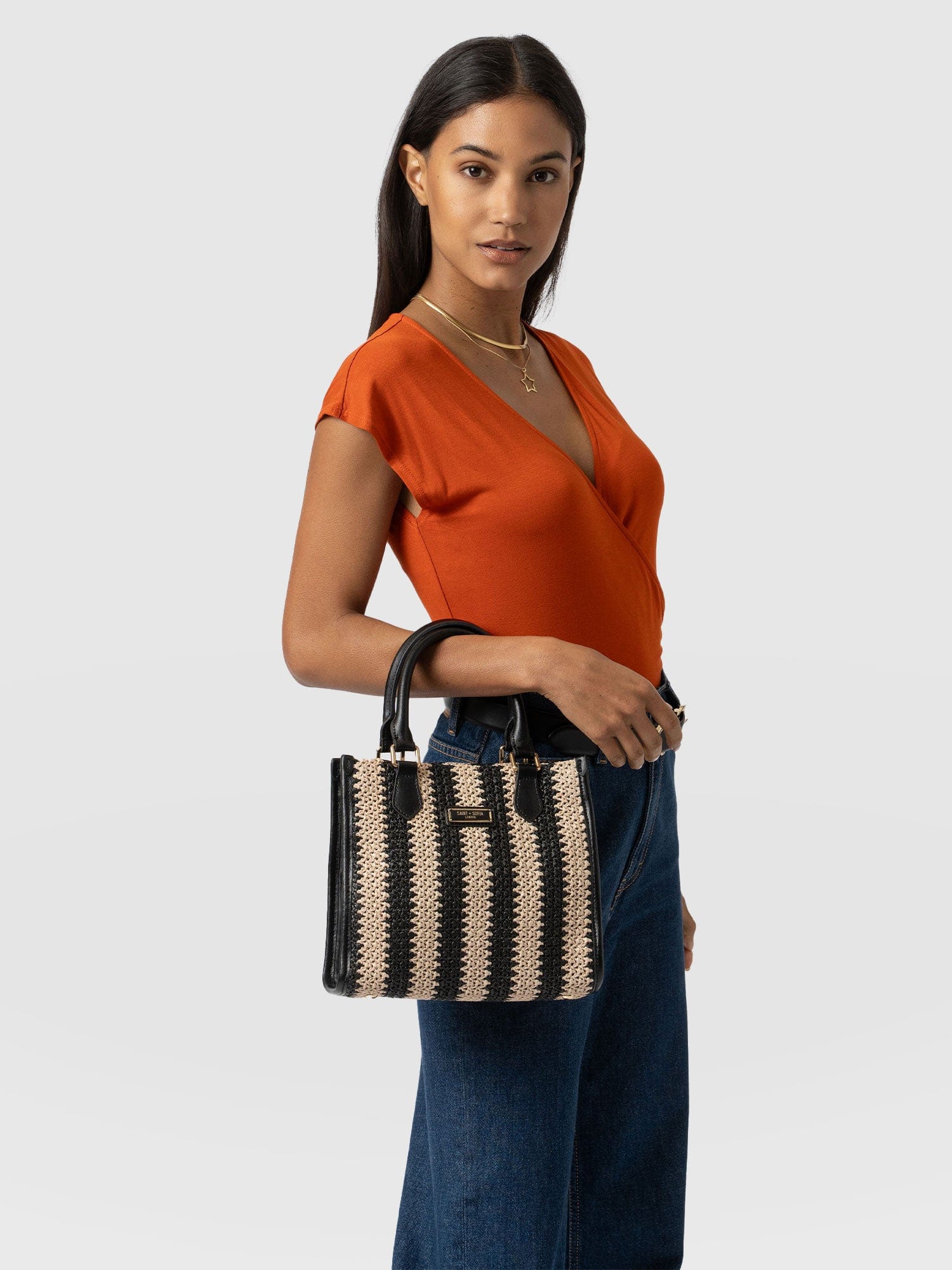 Mia Mini Tote Bag Beige/Black Raffia- Women's Bags | Saint + Sofia® USA